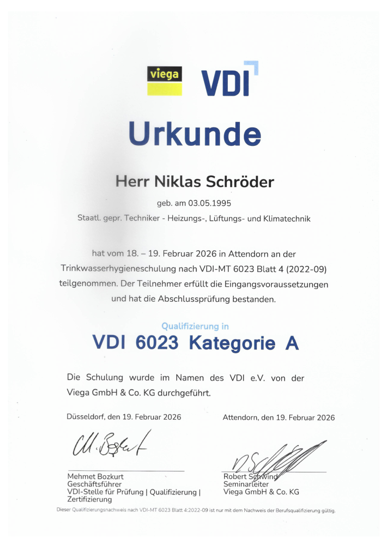 VDI6023 B - Hygiene in Trinkwasser-Installationen Zertifikat VDI6023 A - Hygiene in Trinkwasser-Installationen